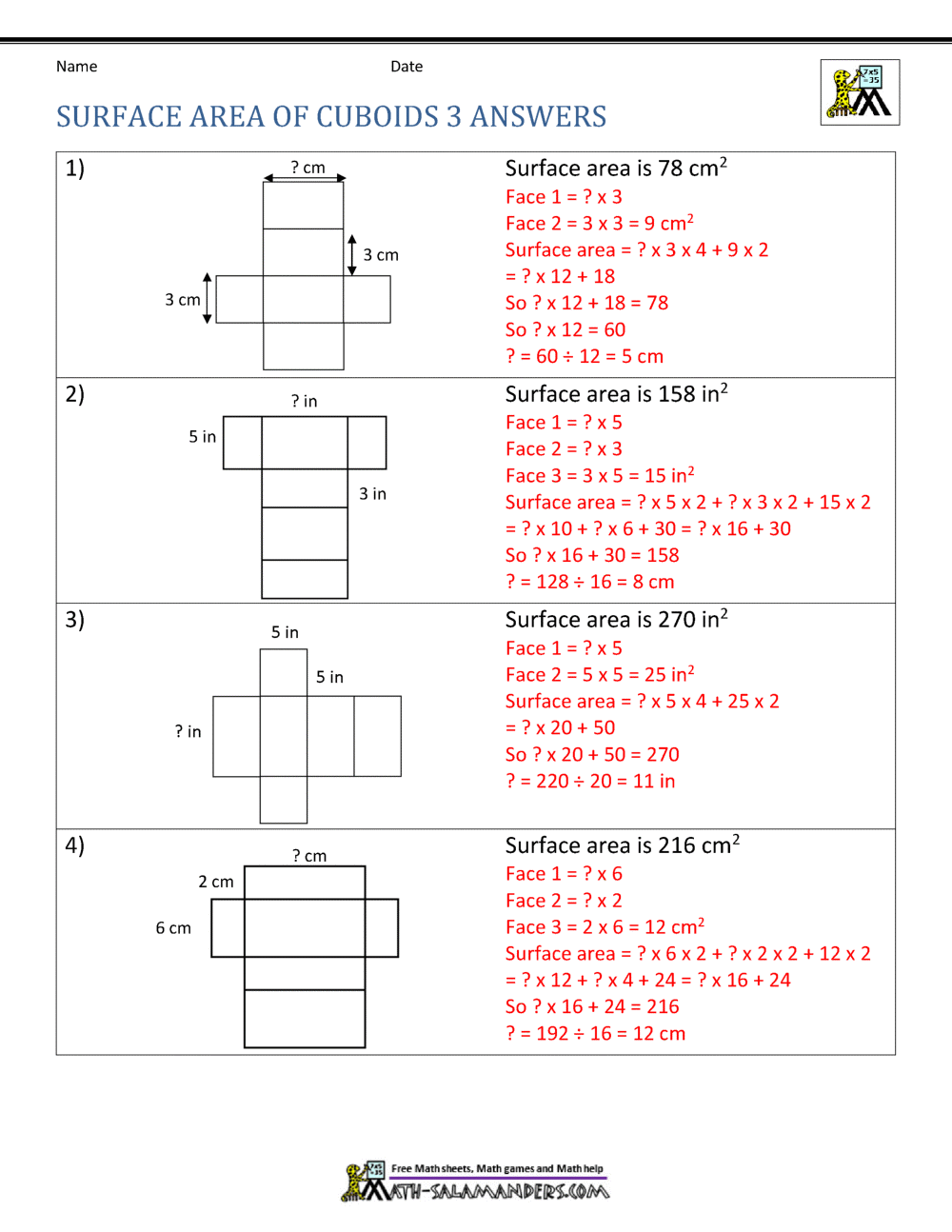 Surface Area Worksheet 6th Grade Surface Area Worksheet 6th Grade