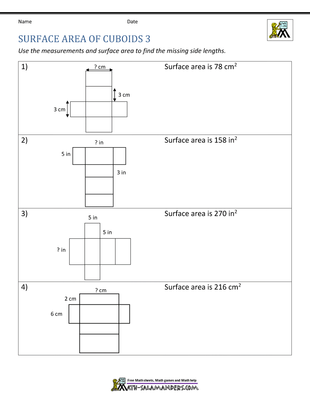 Surface Area Worksheet 6th Grade