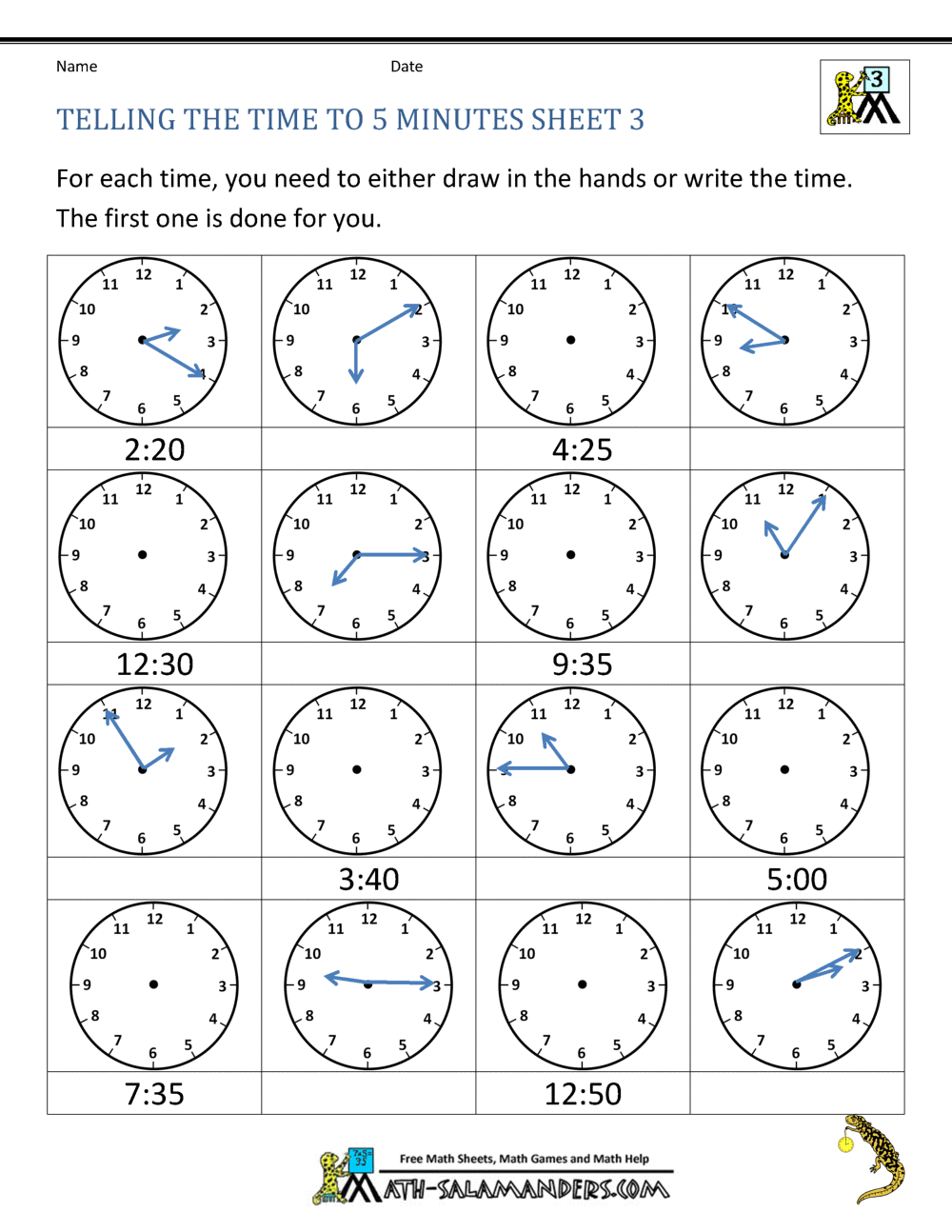 Telling Time To 5 Minutes Worksheets Free Telling Time Worksheet To Nearest 5 Minutes