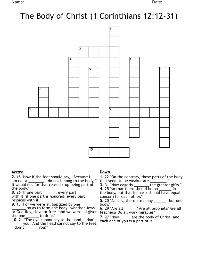 The Body Of Christ 1 Corinthians 12 12 31 Crossword WordMint
