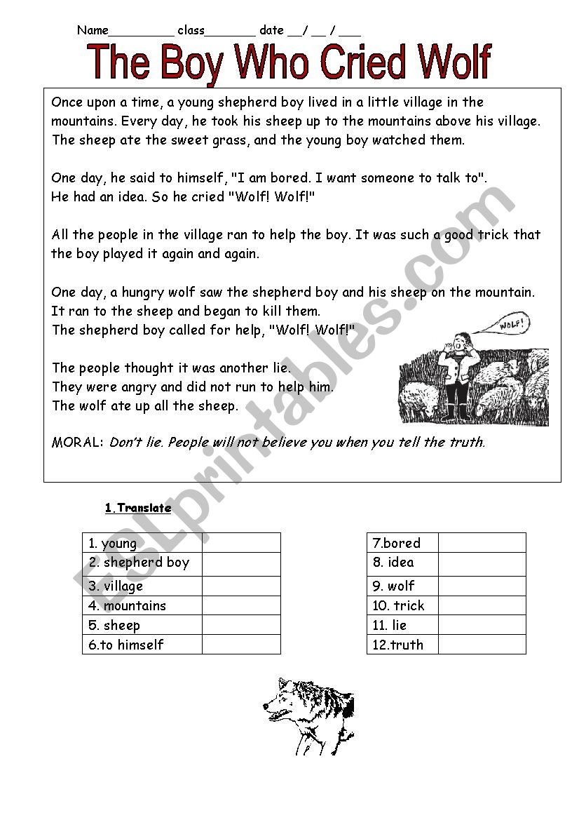The Boy Who Cried Wolf ESL Worksheet By Schulzi