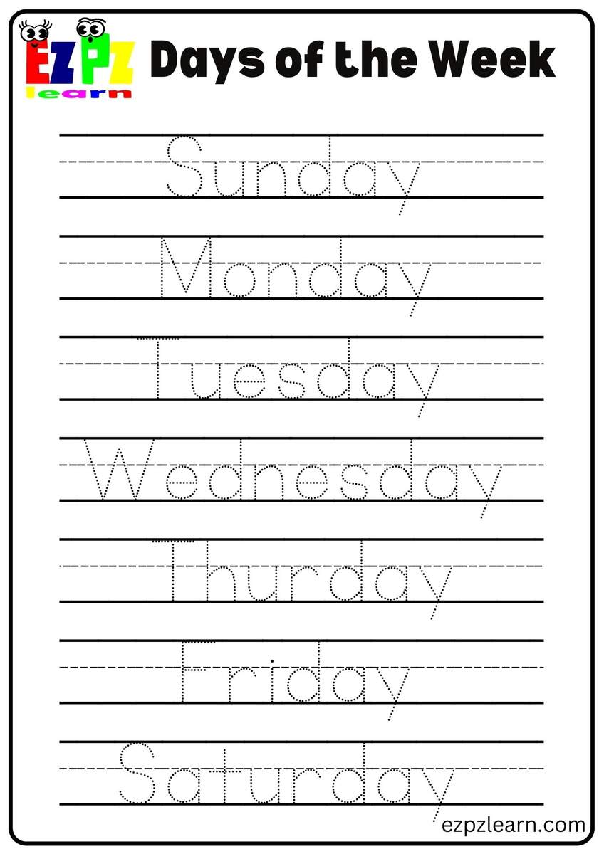 Tracing Page Days Of The Week Ezpzlearn Free Days Of The Week Worksheets Teach Prints
