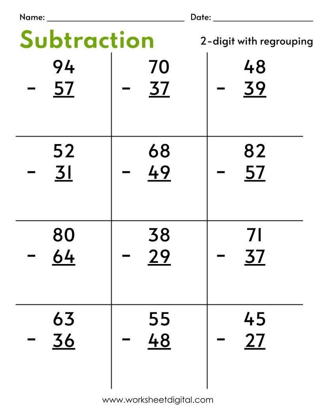 Two Digit Subtraction Worksheets With Regrouping PDF Etsy Two Digit Subtraction Worksheets With Regrouping PDF Etsy
