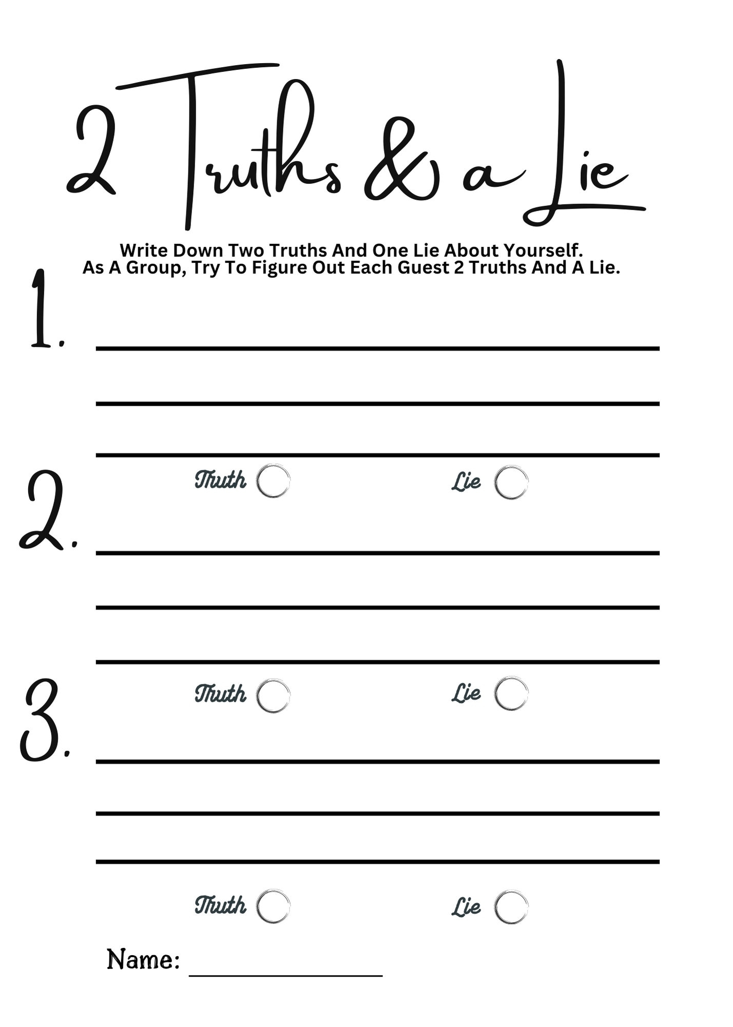 Two Truths And A Lie Icebreaker Game Dinner Party Printable PDF Etsy