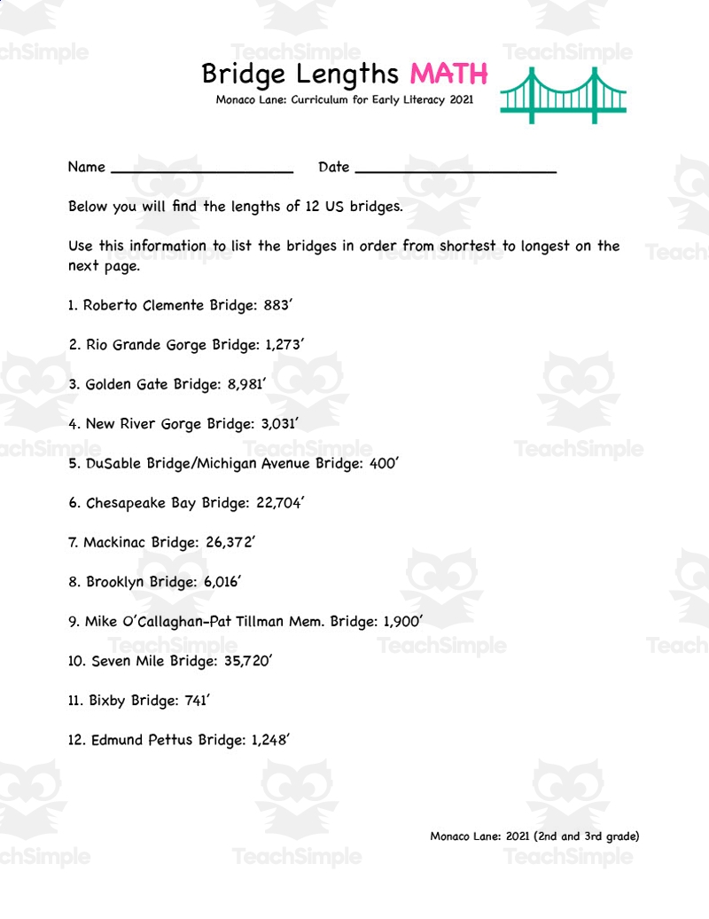 U S Bridge Lengths Math Worksheet By Teach Simple