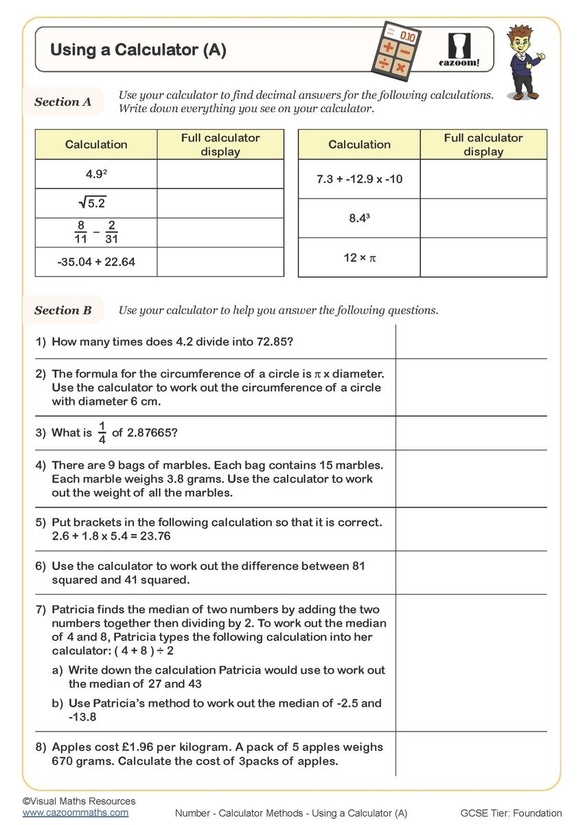 Using A Calculator Worksheets Printable Calculator Skills Worksheets PDF And Free Samples Downloads Cazoom Maths