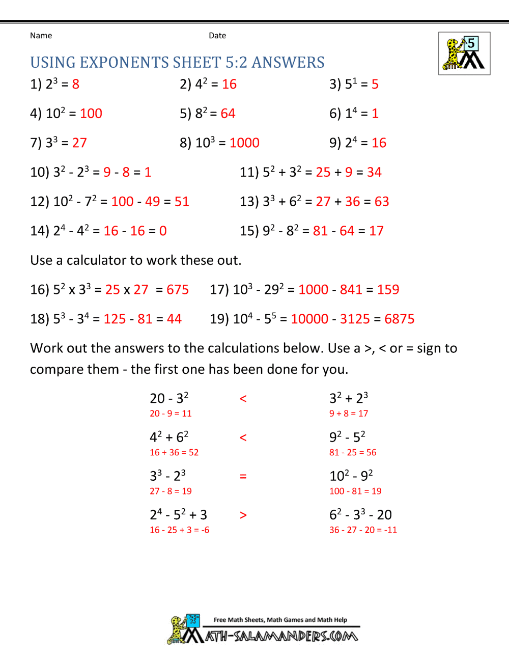 Free Exponents Worksheets