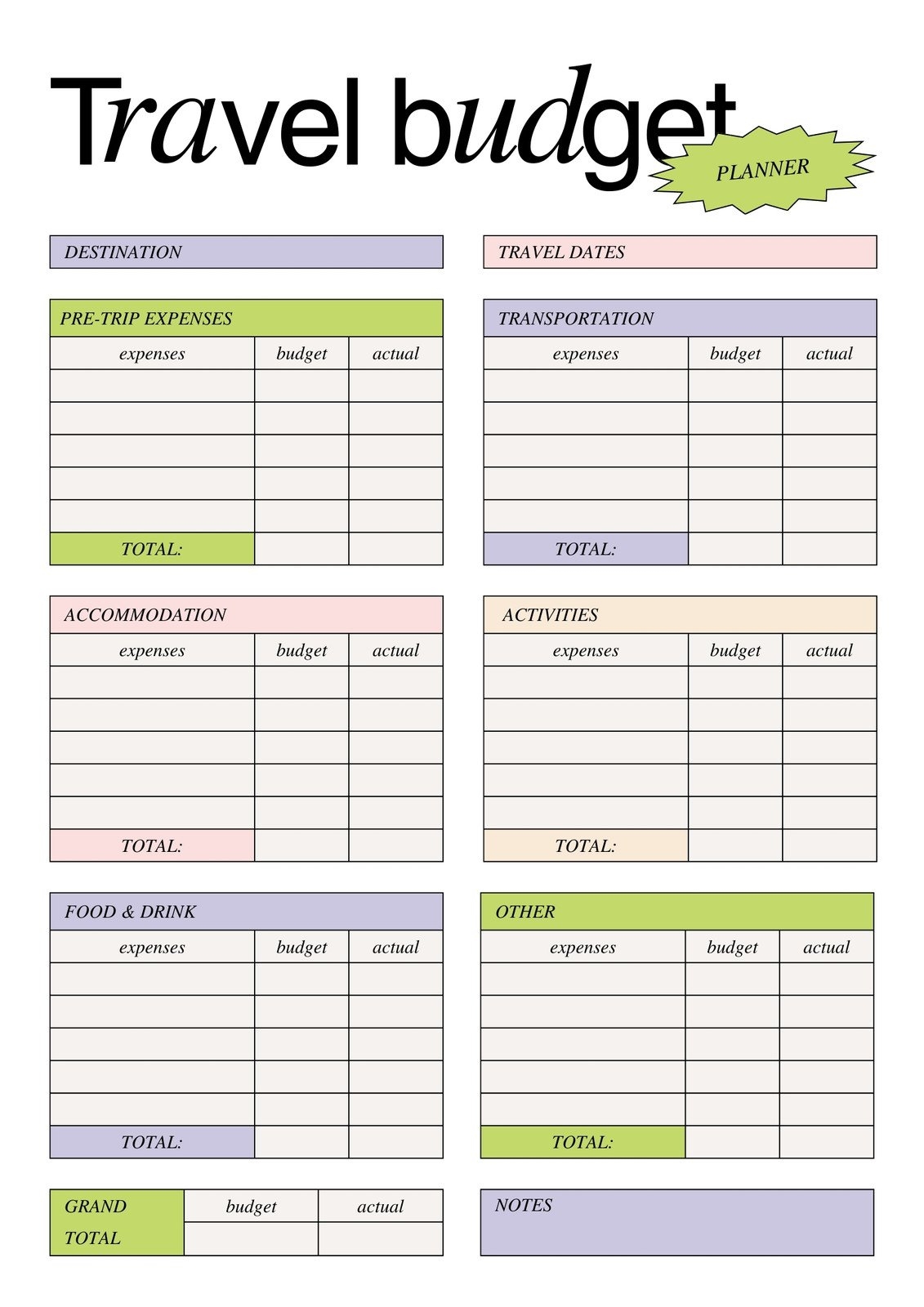 Vacation Budget Template Printable
