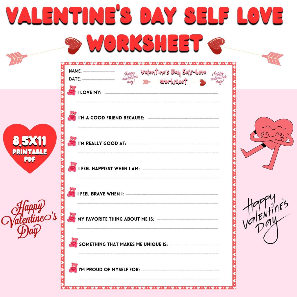 Valentine S Day Self Love Worksheet For Kids 8 5x11 Printable PDF Made By Teachers