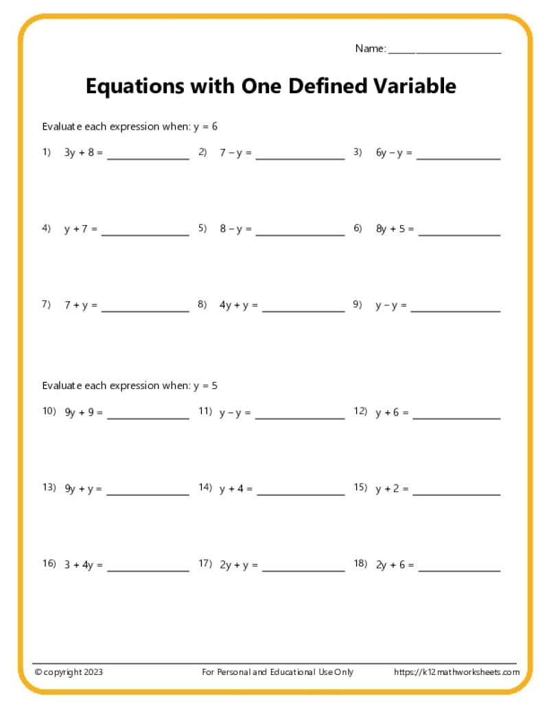 Variable Equations Worksheets PEMDAS Problems