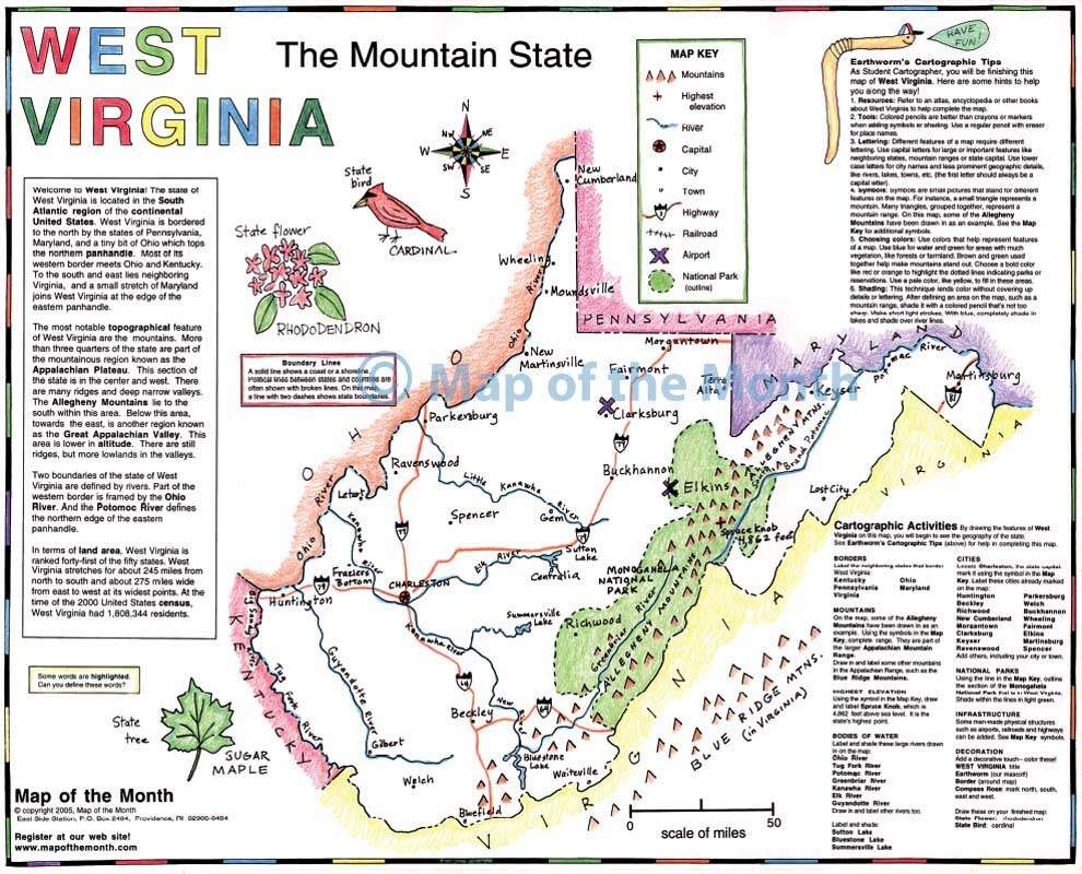 West Virginia Map Blank Outline Map 16 By 20 Inches Activities Included