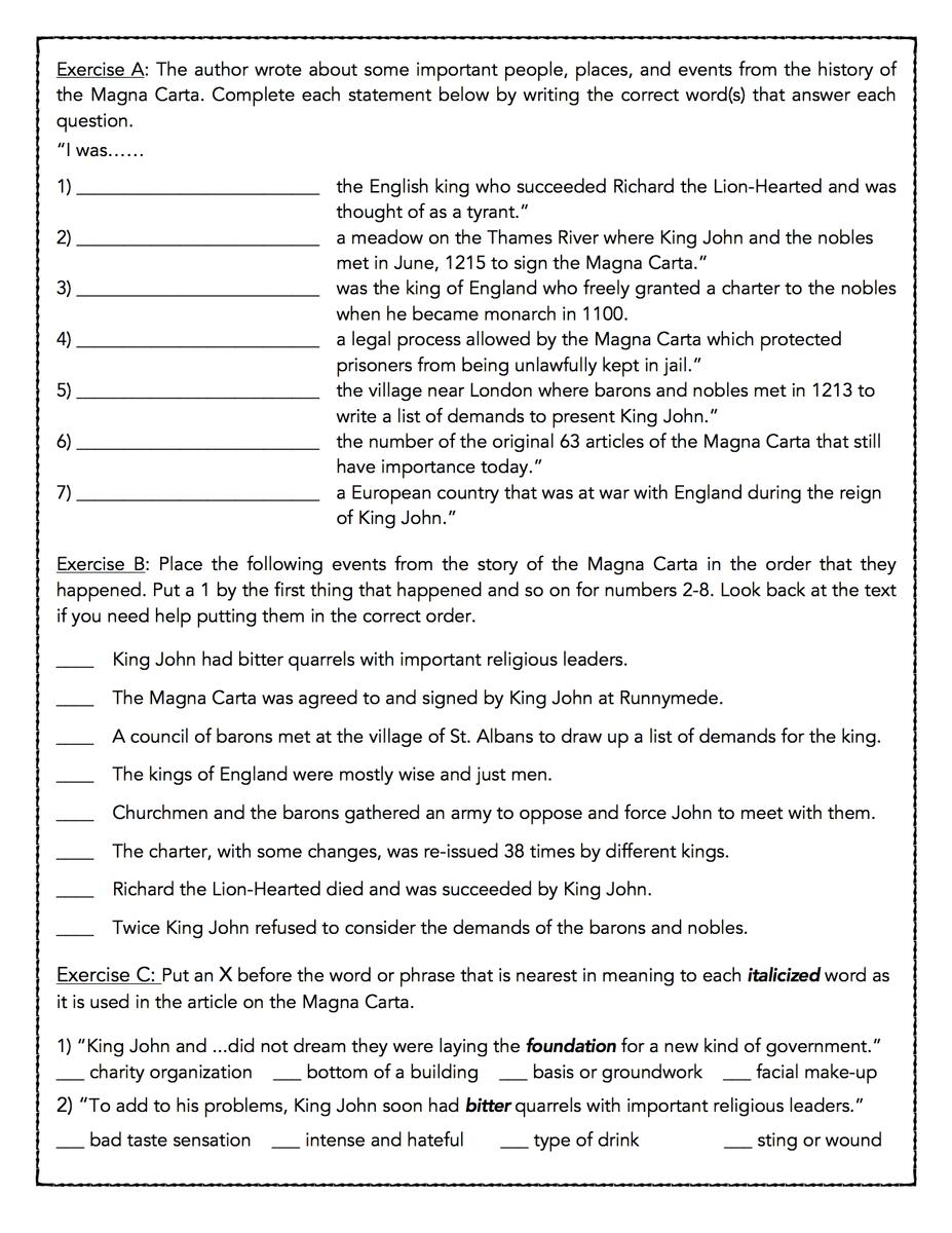 What Was The Magna Carta Reading Comprehension Passage Classful