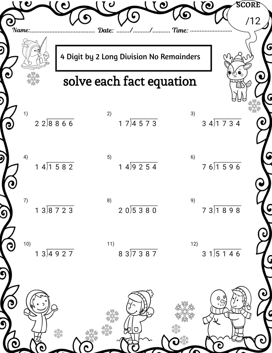 Winter 4 Digit By 2 Digit Long Division Worksheets No Remainders Made By Teachers