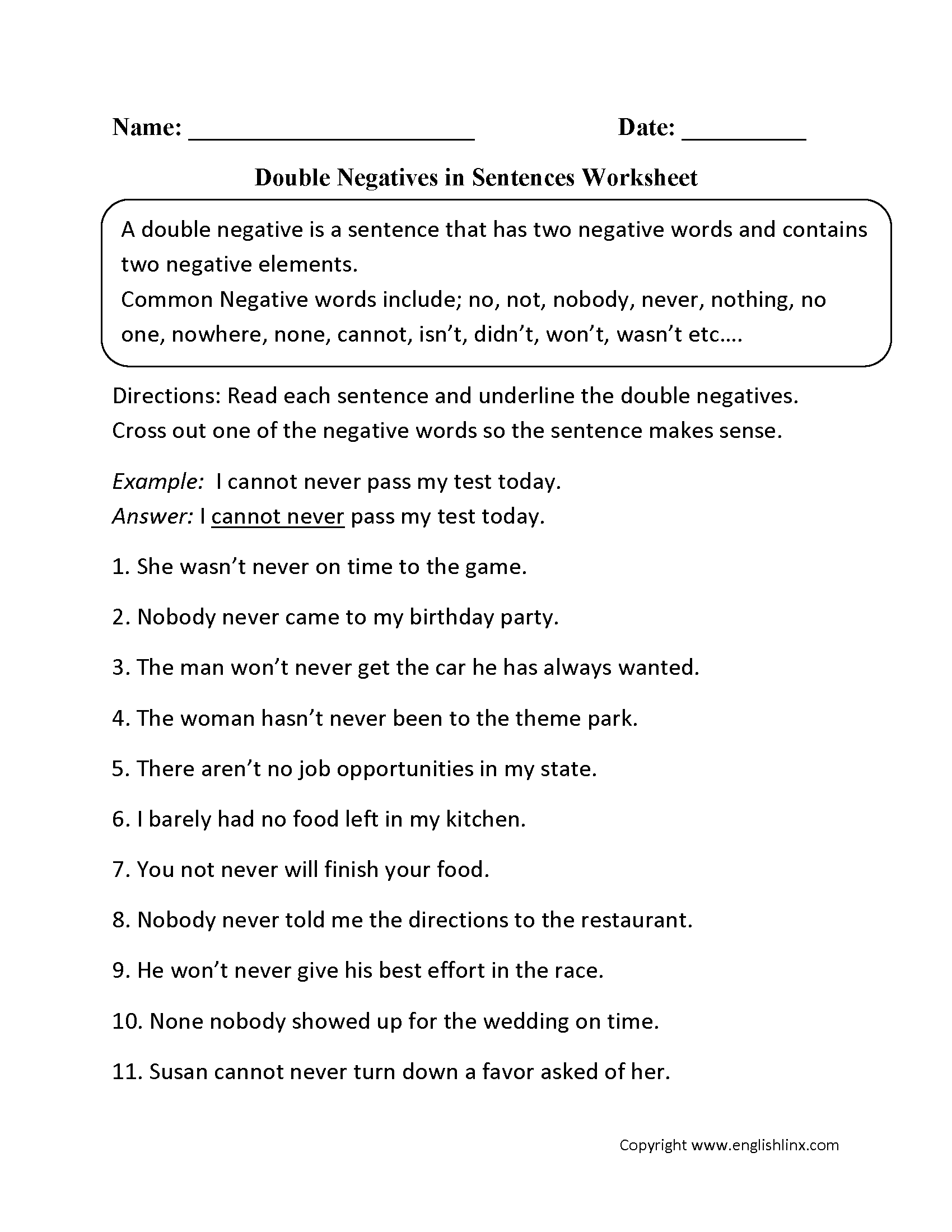 Word Usage Worksheets Negatives Worksheets