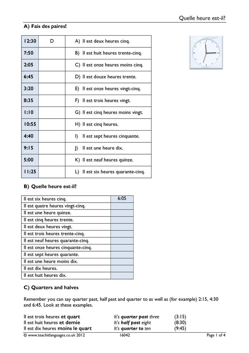 Worksheet Telling The Time KS3 French Teaching Resource Teachit