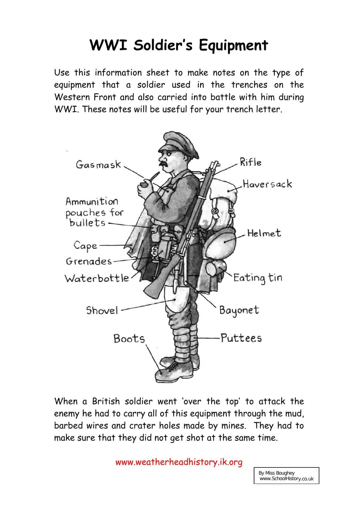 WWI Soldiers Equipment Worksheet KS3 Lesson Resource Worksheets Library