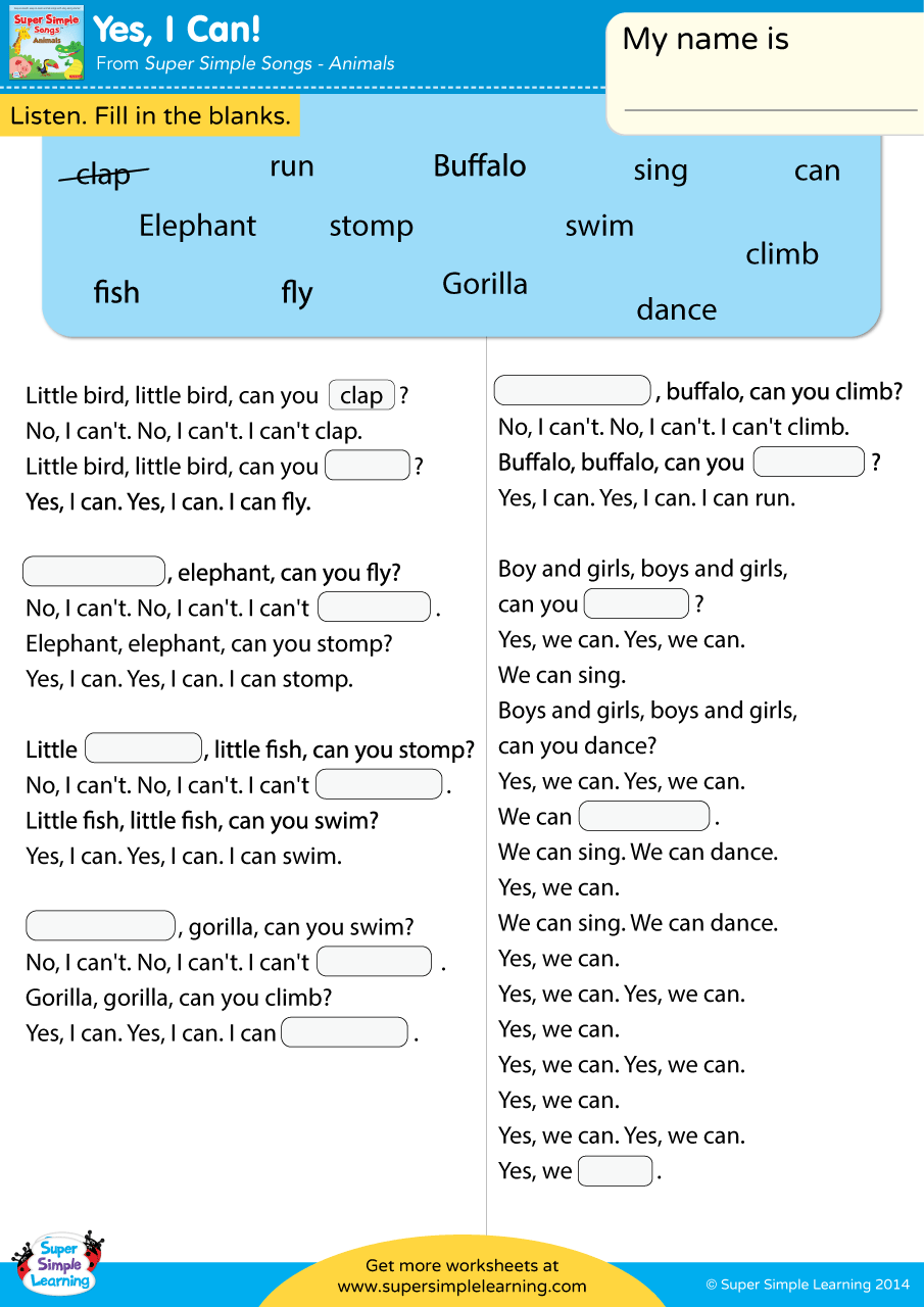 Yes I Can Worksheet Fill In The Blanks Super Simple